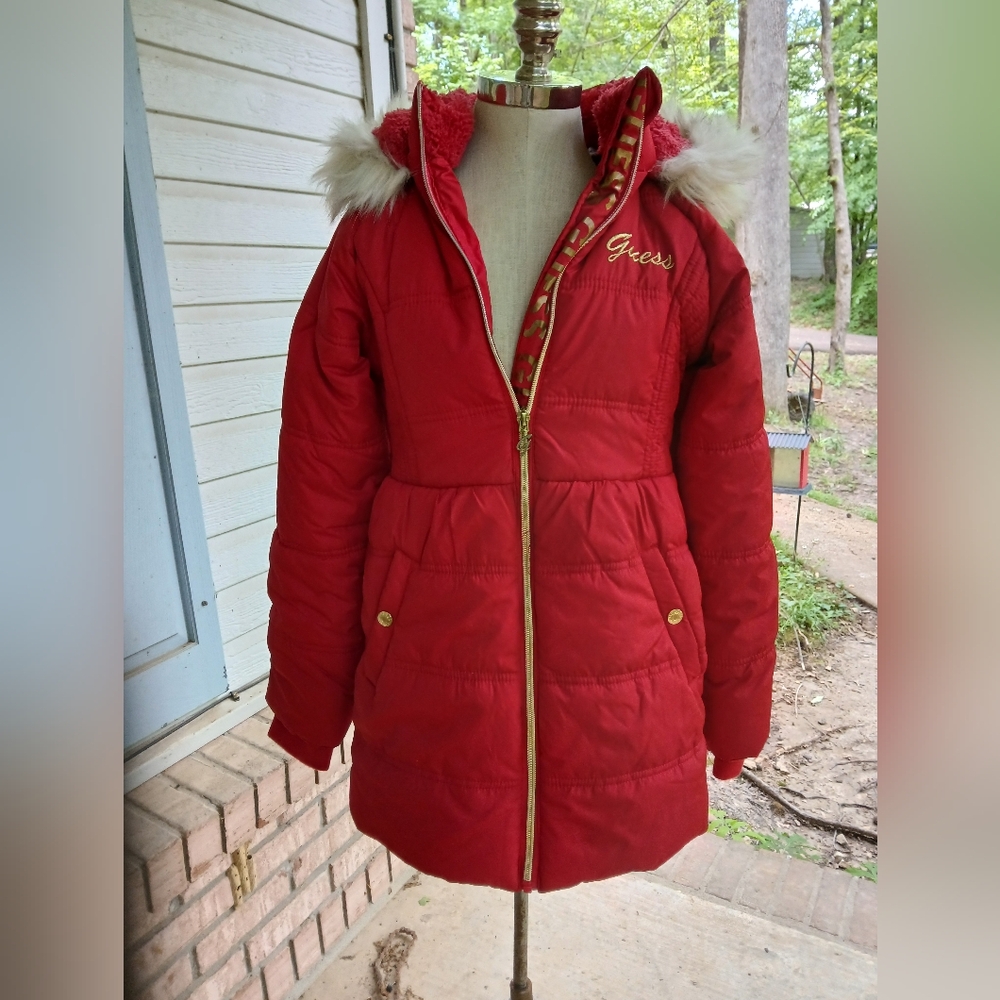 GUESS GIRLs Red Fur-Trimmed PARKA/COAT